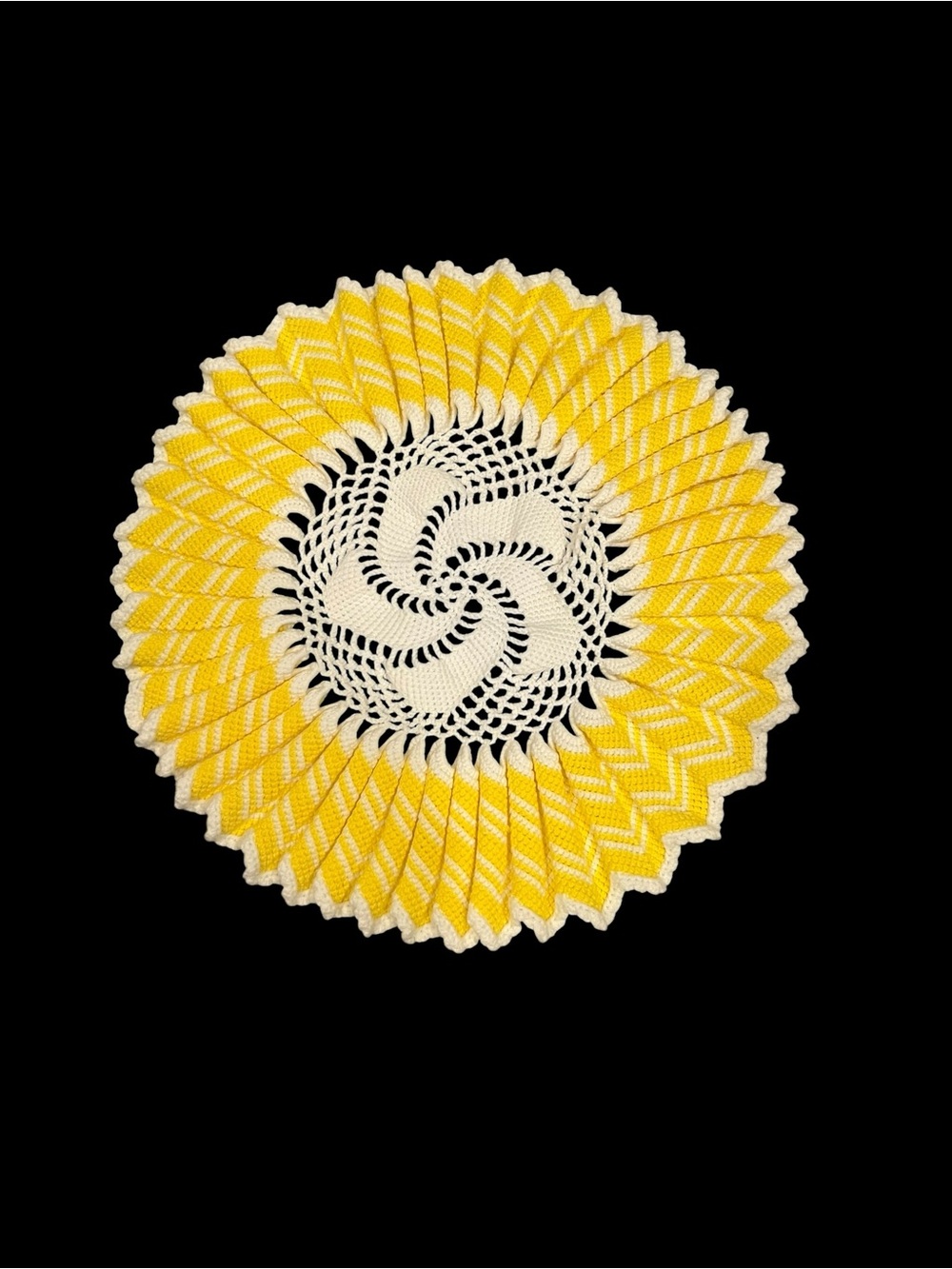 VTG Handmade Yellow White Ruffled Crochet Knit Doily Centerpiece Sunburst 28”